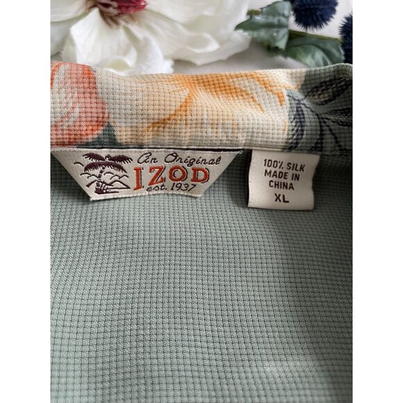 Izod Mens XL Hawaiian Floral Shirt 100% Silk Sage Green Short Sleeve Button-Up - Picture 6 of 8